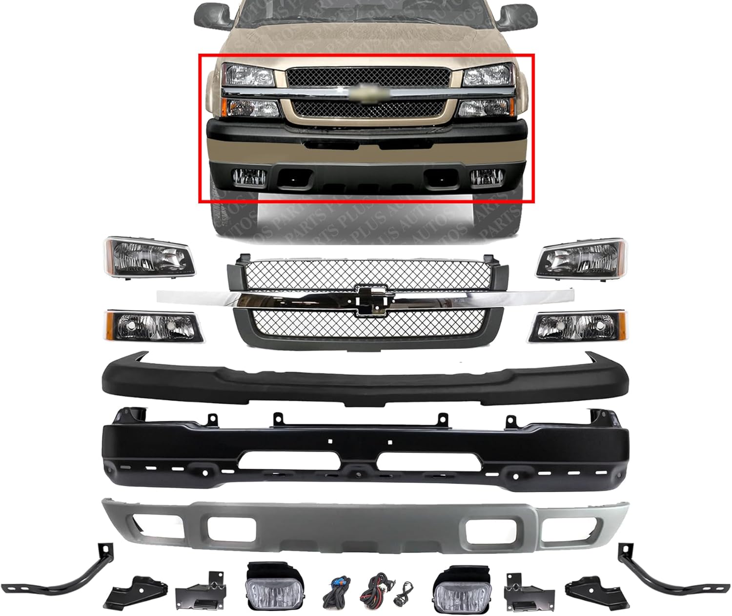 Front Bumper Primed Steel + Grille + Upper Cover + Lower Valance + Brackets + Headlights + Fog Lamps Left & Right Direct Replacement Compatible With 2003-2006 Chevrolet Silverado 1500
