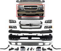 Front Bumper Primed Steel + Grille + Upper Cover + Lower Valance + Brackets + Headlights + Fog Lamps Left & Right Direct Replacement Compatible With 2003-2006 Chevrolet Silverado 1500