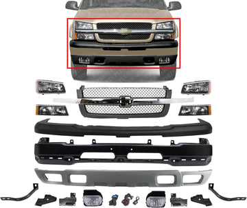 Front Bumper Primed Steel + Grille + Upper Cover + Lower Valance + Brackets + Headlights + Fog Lamps Left & Right Direct Replacement Compatible With 2003-2006 Chevrolet Silverado 1500