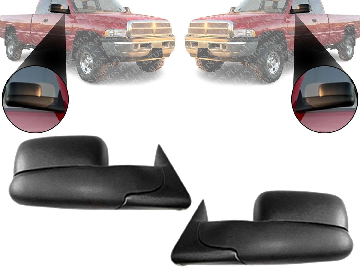 Set OF 2 Front Towing Mirror Manual Adjust Non-Heated Textured Left Driver And Right Passenger Side Direct Replacement Compatible With 1994-2001 Dodge Ram 1500/1994-2002 2500 3500