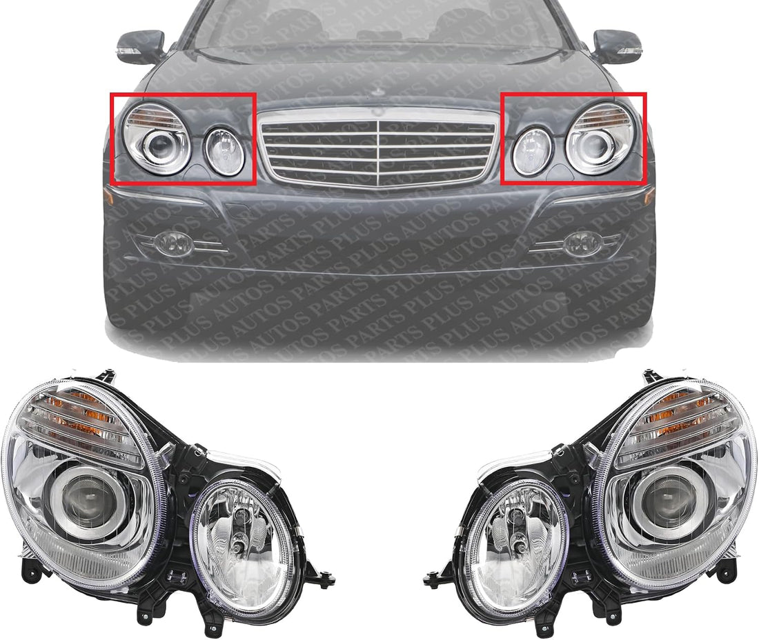Set Of 2 Front Head Light Assembly Plastic Left Driver & Right Passenger Side Direct Replacement Compatible With 2007-2009 Mercedes Benz E-Class MB2500100 MB2501100