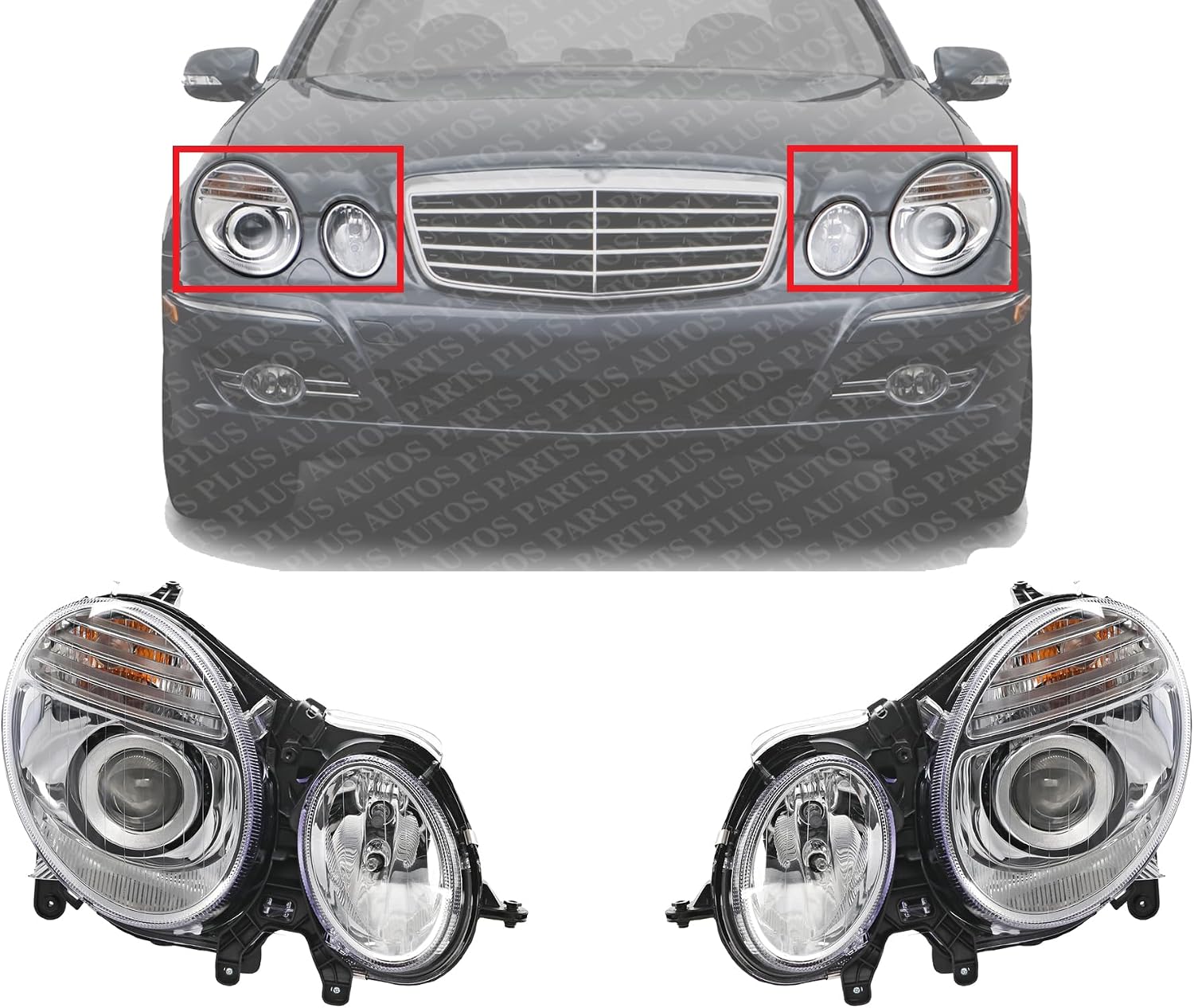 Set Of 2 Front Head Light Assembly Plastic Left Driver & Right Passenger Side Direct Replacement Compatible With 2007-2009 Mercedes Benz E-Class MB2500100 MB2501100