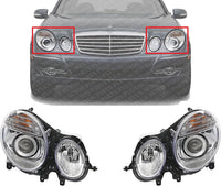 Set Of 2 Front Head Light Assembly Plastic Left Driver & Right Passenger Side Direct Replacement Compatible With 2007-2009 Mercedes Benz E-Class MB2500100 MB2501100