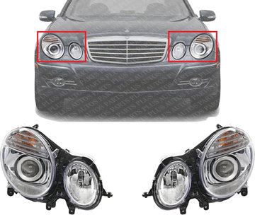 Set Of 2 Front Head Light Assembly Plastic Left Driver & Right Passenger Side Direct Replacement Compatible With 2007-2009 Mercedes Benz E-Class MB2500100 MB2501100
