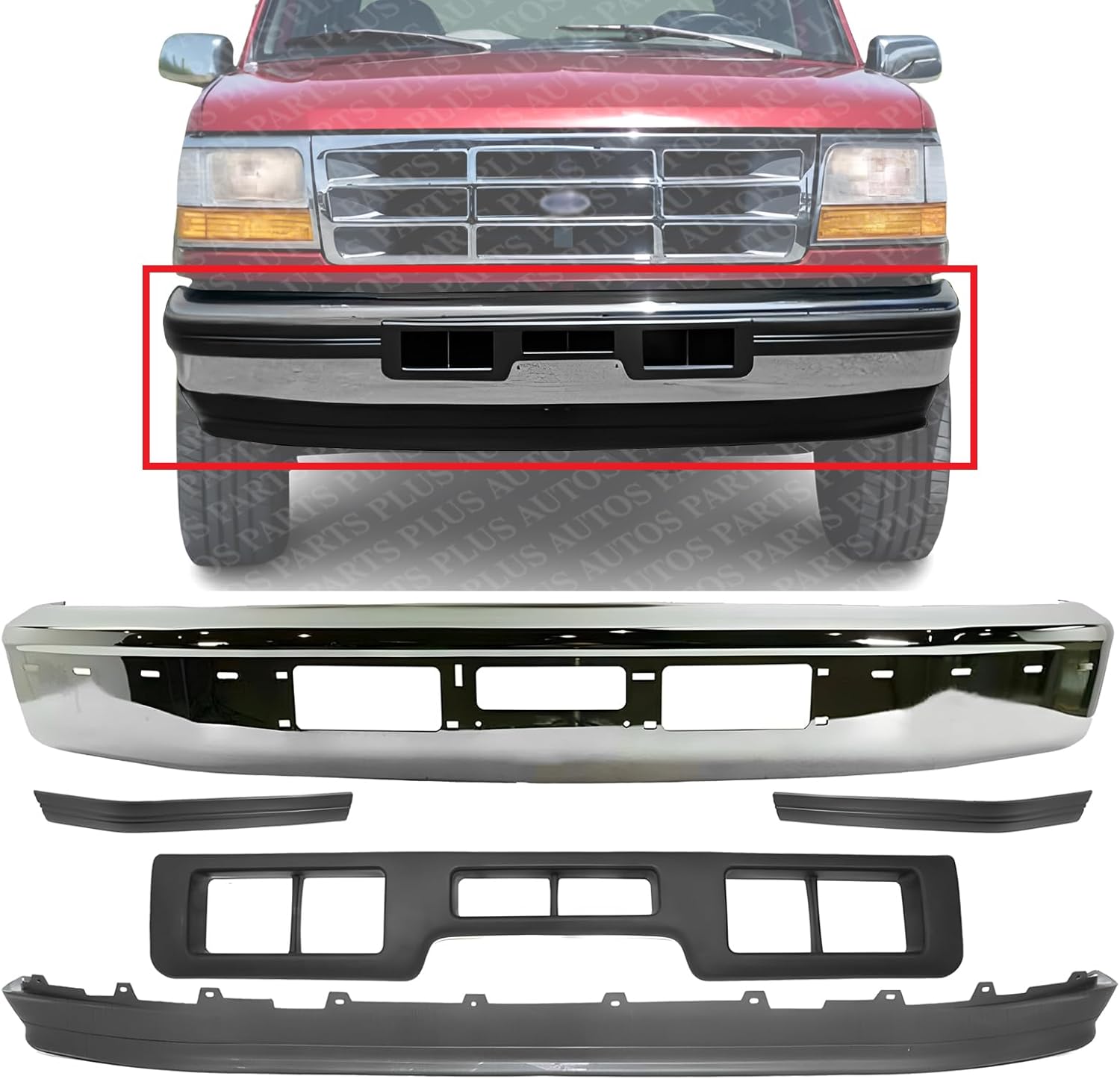 Front Bumper Chrome + Lower Valance Panel Textured + Moldings Primed Center + Left & Right Side Direct Replacement Compatible With Ford F-Series/Bronco 1992-1996 FO1002254