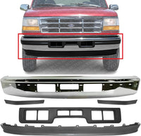 Front Bumper Chrome + Lower Valance Panel Textured + Moldings Primed Center + Left & Right Side Direct Replacement Compatible With Ford F-Series/Bronco 1992-1996 FO1002254