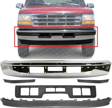 Front Bumper Chrome + Lower Valance Panel Textured + Moldings Primed Center + Left & Right Side Direct Replacement Compatible With Ford F-Series/Bronco 1992-1996 FO1002254