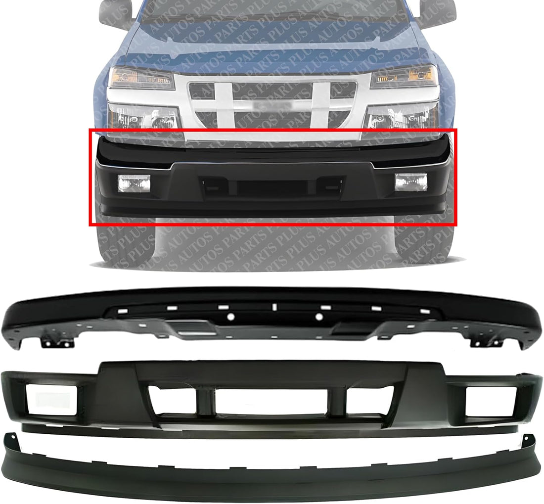 Front Bumper Primed Steel + Extension + Lower Valance Textured Direct Replacement Compatible With 2004-2012 Chevrolet Colorado/GMC Canyon GM1000722 GM1002461 GM1092183 12335805