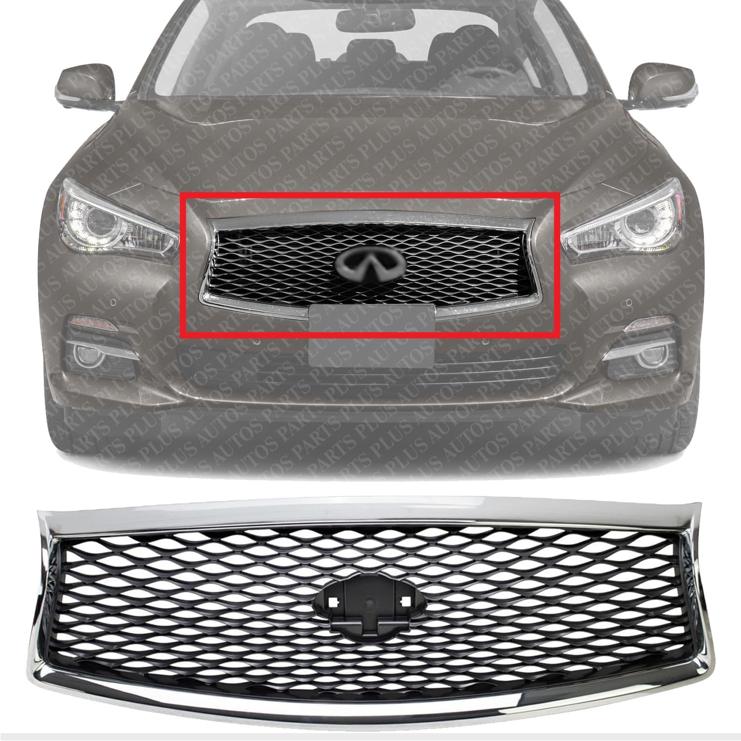 Front Grille Chrome Shell/Painted Gray Insert Direct Replacement Compatible With 2014-2017 Infiniti Q50 IN1200118 623104HB1B