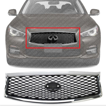Front Grille Chrome Shell/Painted Gray Insert Direct Replacement Compatible With 2014-2017 Infiniti Q50 IN1200118 623104HB1B