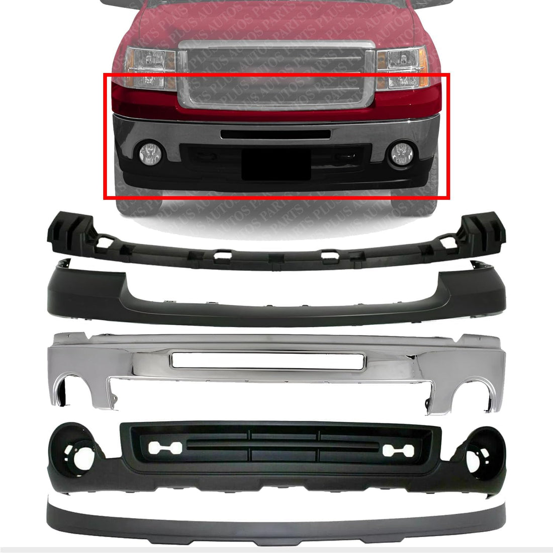 Front Bumper Chrome Steel + Upper Cover Primed + Bracket + Lower Valance + Extension Textured Direct Replacement Compatible With GMC Sierra 1500 2007-13 GM1015100 GM1092211 GM1014102