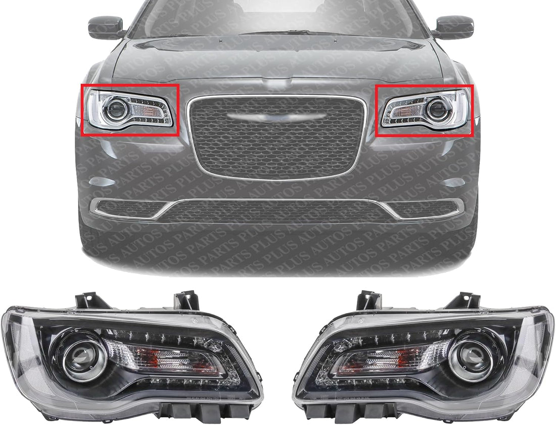Set Of 2 Front Head Light Assembly Plastic Left Driver & Right Passenger Side Direct Replacement Compatible With 2015-2017 Chrysler 300 CH2503269 CH2502269 68214382AD 68214383AD