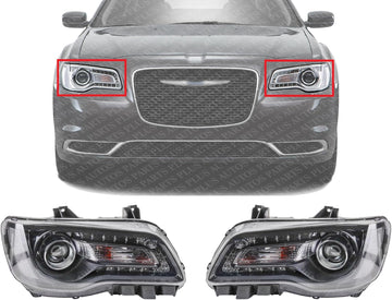 Set Of 2 Front Head Light Assembly Plastic Left Driver & Right Passenger Side Direct Replacement Compatible With 2015-2017 Chrysler 300 CH2503269 CH2502269 68214382AD 68214383AD