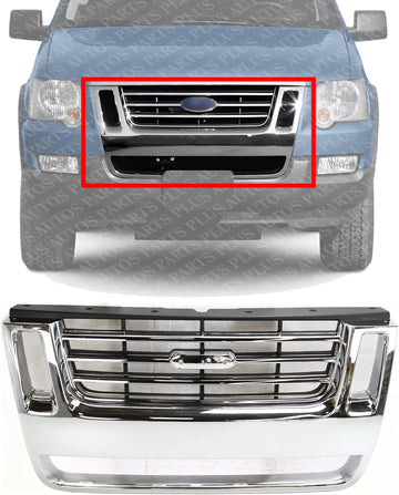 Front Grille Chrome Shell With Black Insert Plastic Direct Replacement Compatible With 2006-2010 Ford Explorer / 2007-2010 Sport Trac FO1200477 8L2Z8200CA