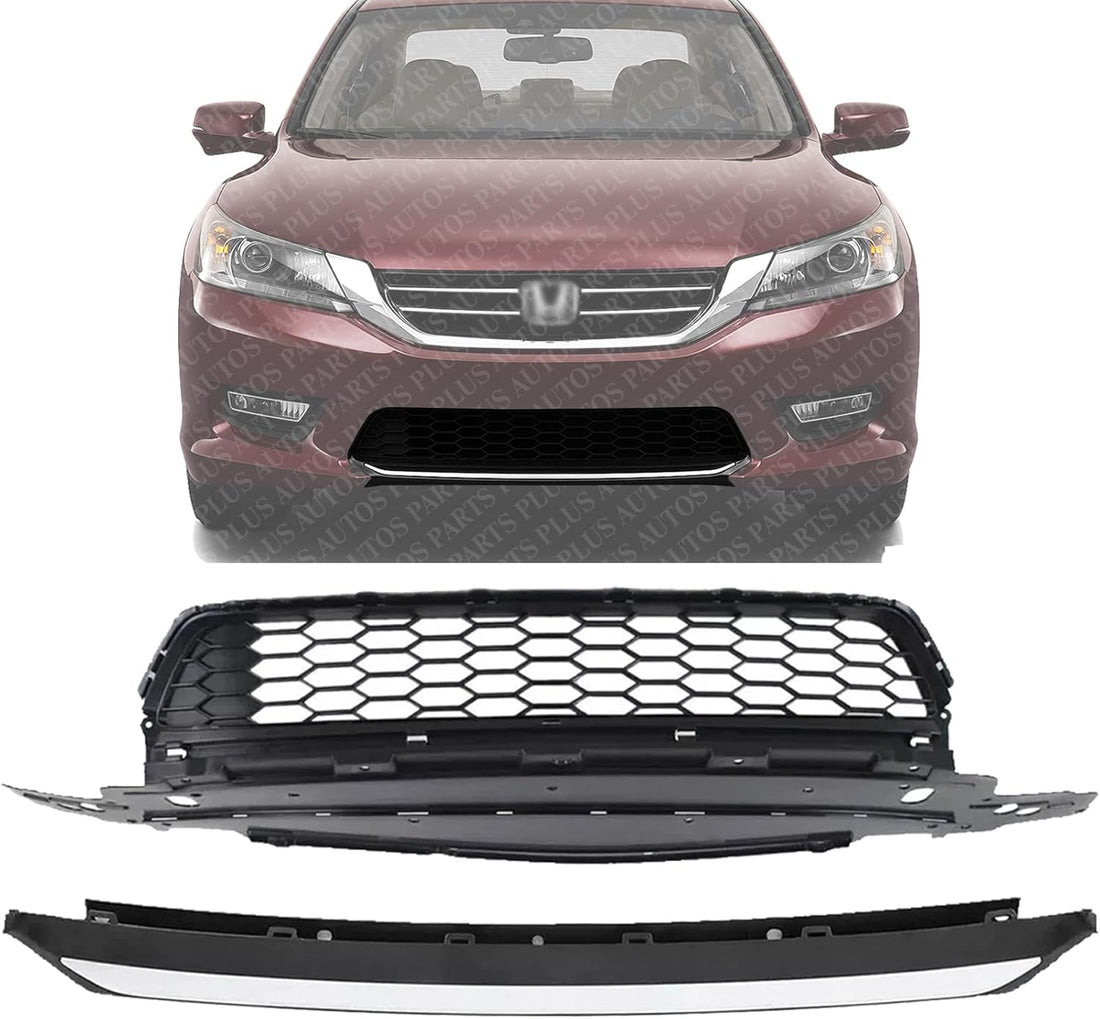 Front Lower Grille Textured + Bumper Molding Chrome Direct Replacement Compatible With 2013-2015 Honda Accord HO1036114 HO1095119 71103T2AA00 71150T2FA00