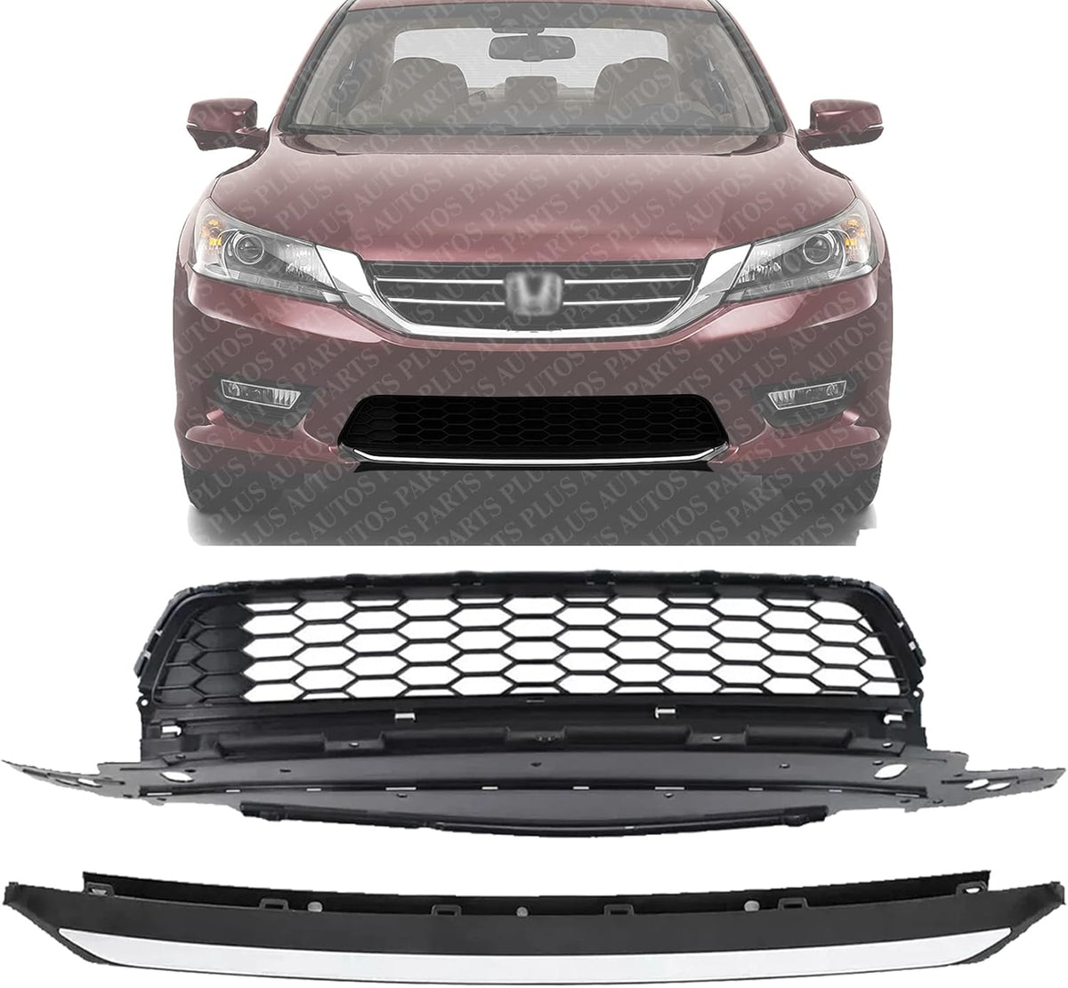 Front Lower Grille Textured + Bumper Molding Chrome Direct Replacement Compatible With 2013-2015 Honda Accord HO1036114 HO1095119 71103T2AA00 71150T2FA00