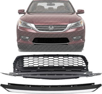 Front Lower Grille Textured + Bumper Molding Chrome Direct Replacement Compatible With 2013-2015 Honda Accord HO1036114 HO1095119 71103T2AA00 71150T2FA00