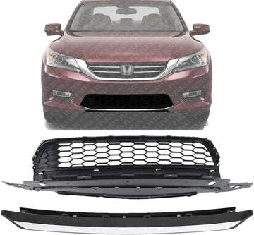 Front Lower Grille Textured + Bumper Molding Chrome Direct Replacement Compatible With 2013-2015 Honda Accord HO1036114 HO1095119 71103T2AA00 71150T2FA00