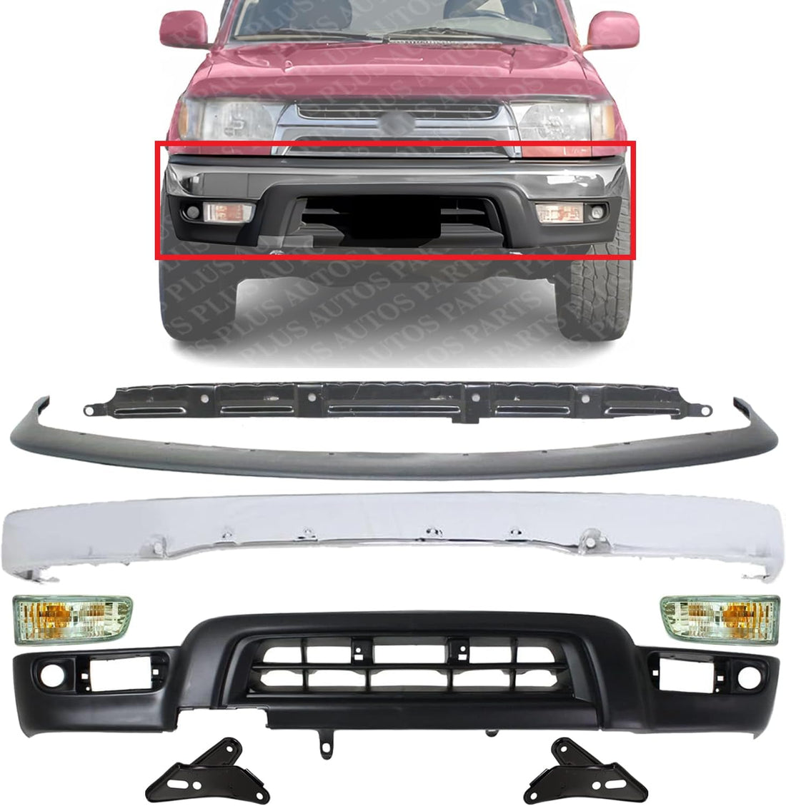 AUTOS PARTS PLUS Front Bumper Face Bar Chrome + Lower Valance Primed + Filler + Retainer + Signal Lights + Brackets Right & Left Side Direct Replacement Compatible With 1999-2002 Toyota 4Runner
