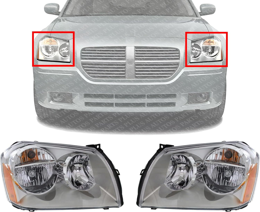 Set Of 2 Front Headlight Assembly With Chrome Interior Right Passenger & Left Driver Side Direct Replacement Compatible With 2005-2007 Dodge Magnum CH2502165 CH2503165 4806059AG-PFM