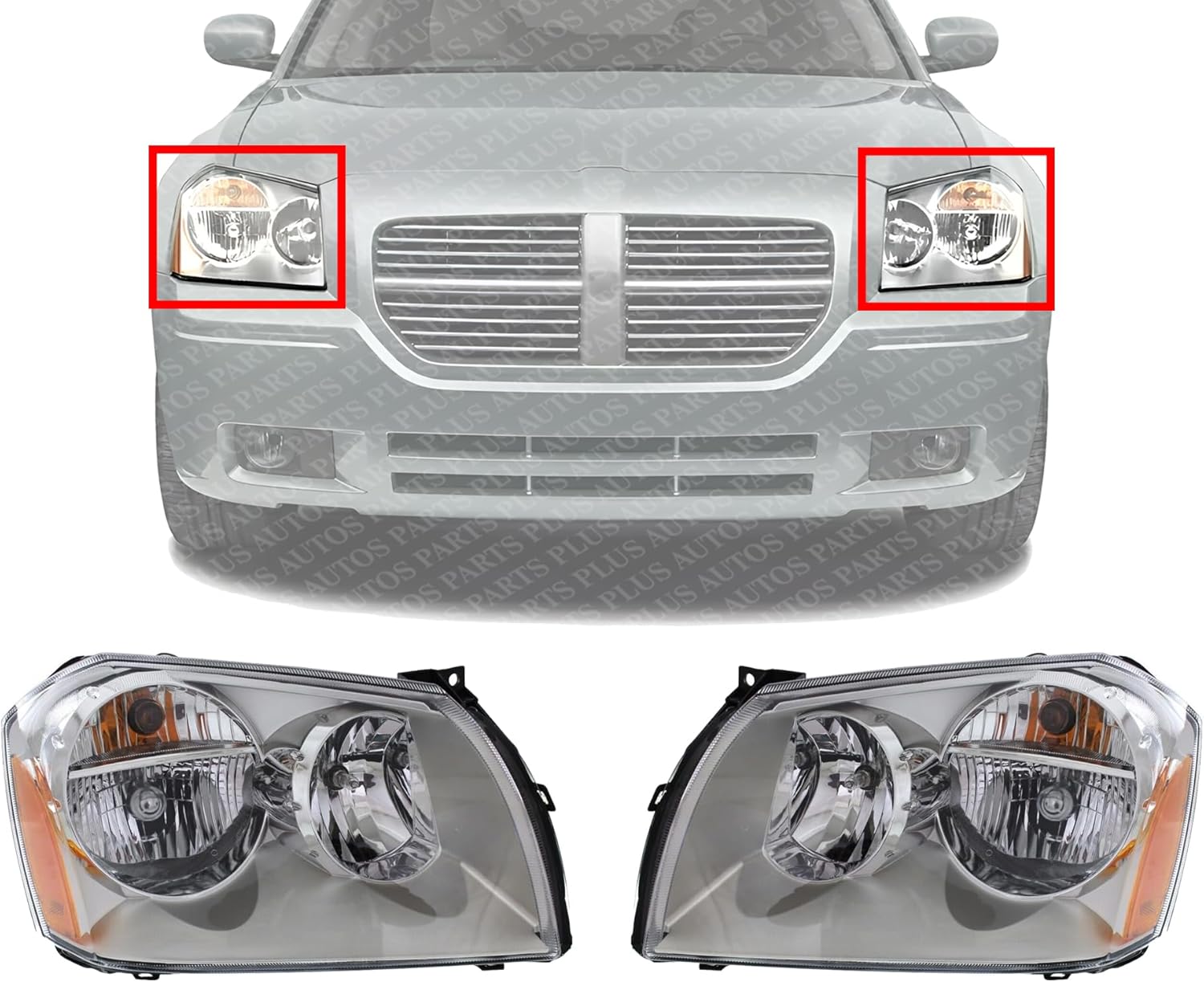 Set Of 2 Front Headlight Assembly With Chrome Interior Right Passenger & Left Driver Side Direct Replacement Compatible With 2005-2007 Dodge Magnum CH2502165 CH2503165 4806059AG-PFM