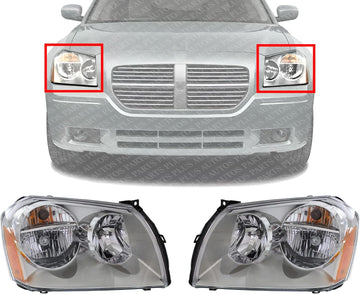 Set Of 2 Front Headlight Assembly With Chrome Interior Right Passenger & Left Driver Side Direct Replacement Compatible With 2005-2007 Dodge Magnum CH2502165 CH2503165 4806059AG-PFM