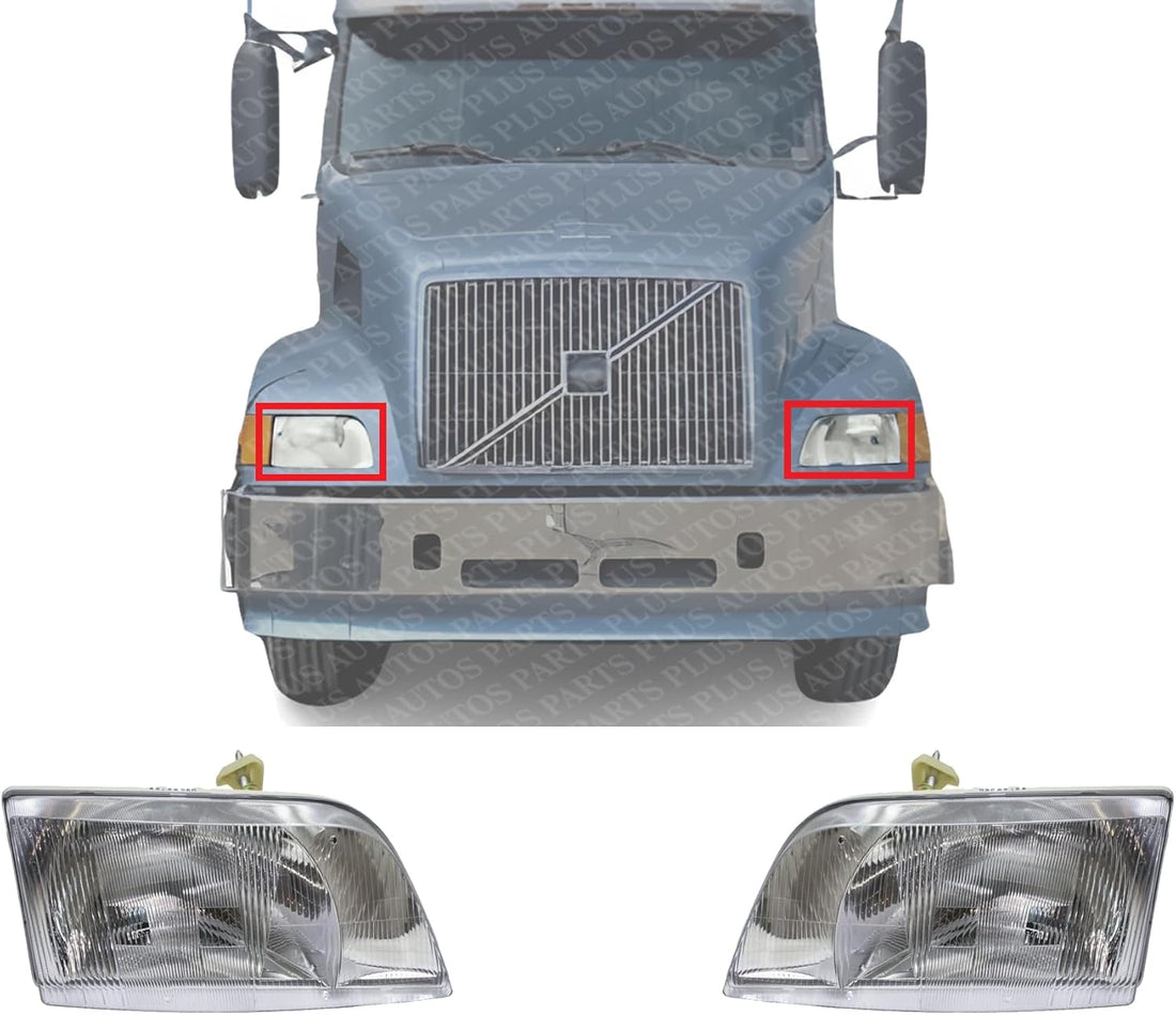 Set Of 2 Front Head Light Assembly Lens And Housing Left Driver & Right Passenger Side Direct Replacement Compatible With 1998-2011 Volvo VN-Series VO2519105 VO2518105