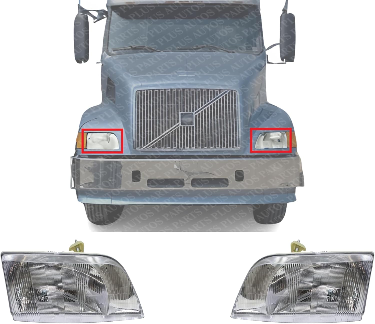 Set Of 2 Front Head Light Assembly Lens And Housing Left Driver & Right Passenger Side Direct Replacement Compatible With 1998-2011 Volvo VN-Series VO2519105 VO2518105