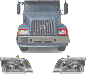 Set Of 2 Front Head Light Assembly Lens And Housing Left Driver & Right Passenger Side Direct Replacement Compatible With 1998-2011 Volvo VN-Series VO2519105 VO2518105