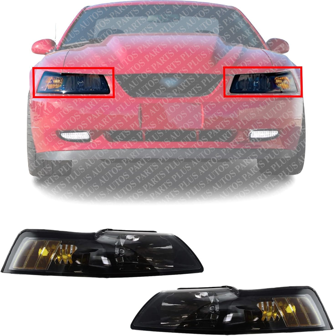 Set Of 2 Front Headlight Lens And Housing With Black Interior Left Driver & Right Passenger Side Direct Replacement Compatible With 1999-2004 Ford Mustang FO2502177 FO2503177