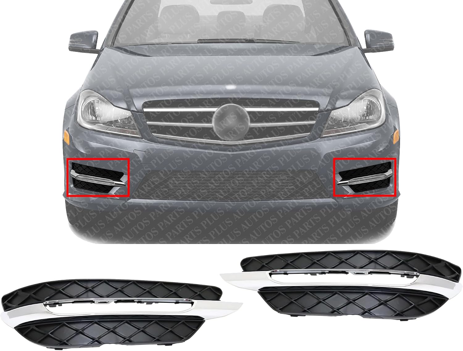 Set Of 2 Front Fog Lamp Molding Primed Plastic Right Passenger & Left Driver Side Direct Replacement Compatible With 2012-2014 Mercedes Benz C-Class MB1038117 MB1039117 2048803324