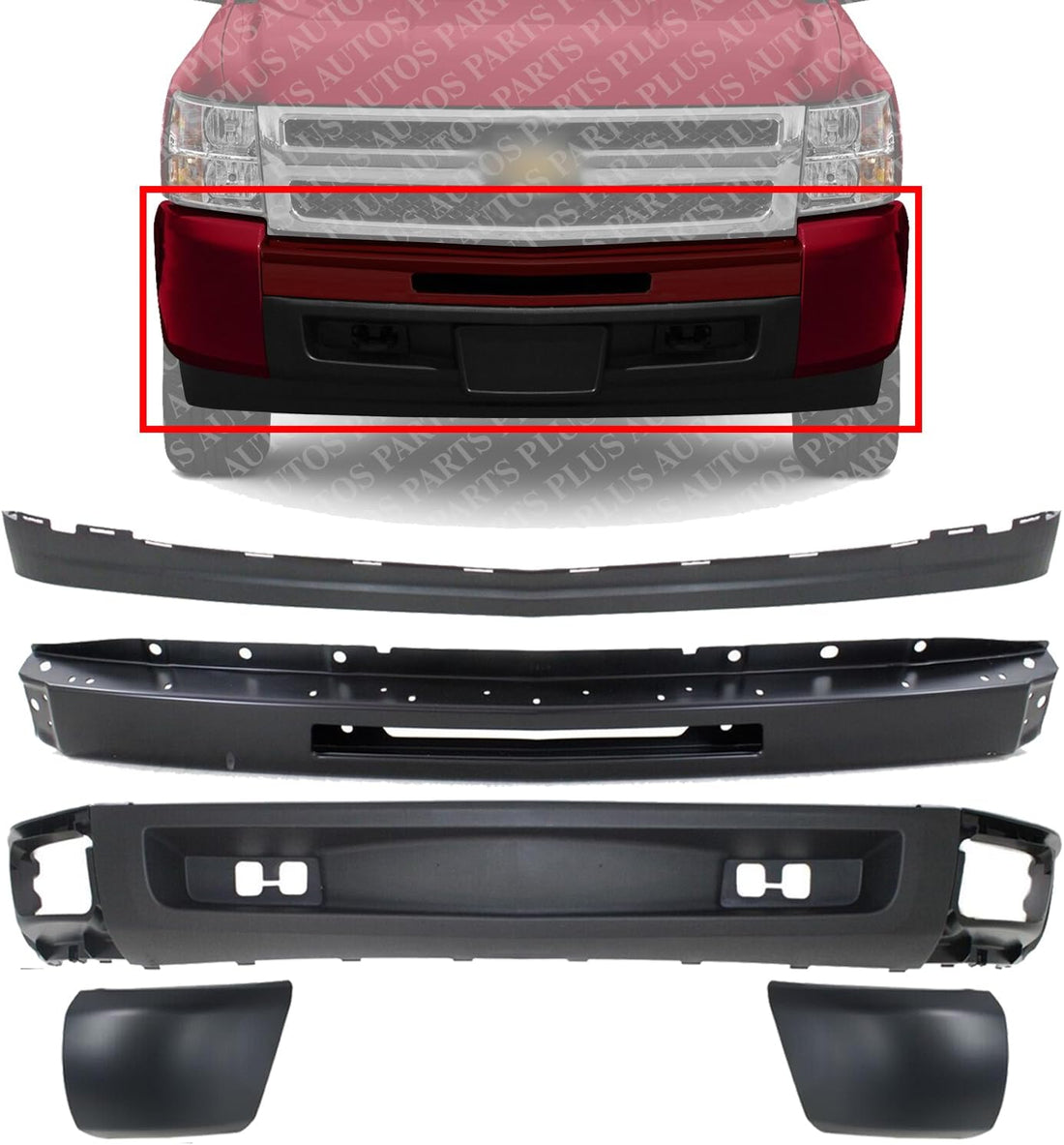 Front Bumper Primed + Lower Valance Air Deflector + Extension Textured + End Caps Left Driver & Right Passenger Side Direct Replacement Compatible With 2009-2013 Chevy Silverado 1500