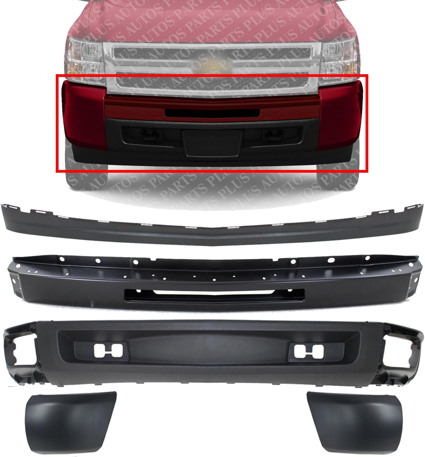 Front Bumper Primed + Lower Valance Air Deflector + Extension Textured + End Caps Left Driver & Right Passenger Side Direct Replacement Compatible With 2009-2013 Chevy Silverado 1500