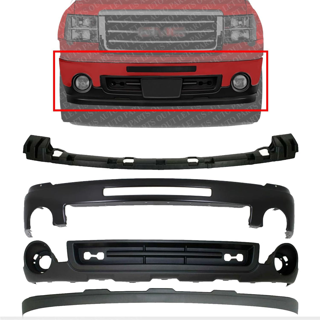 Front Bumper Primed Steel + Bracket Cover + Lower Valance Air Deflector Textured + Extension Direct Replacement Compatible With 2007-2013 GMC Sierra 1500 GM1002832 GM1015100