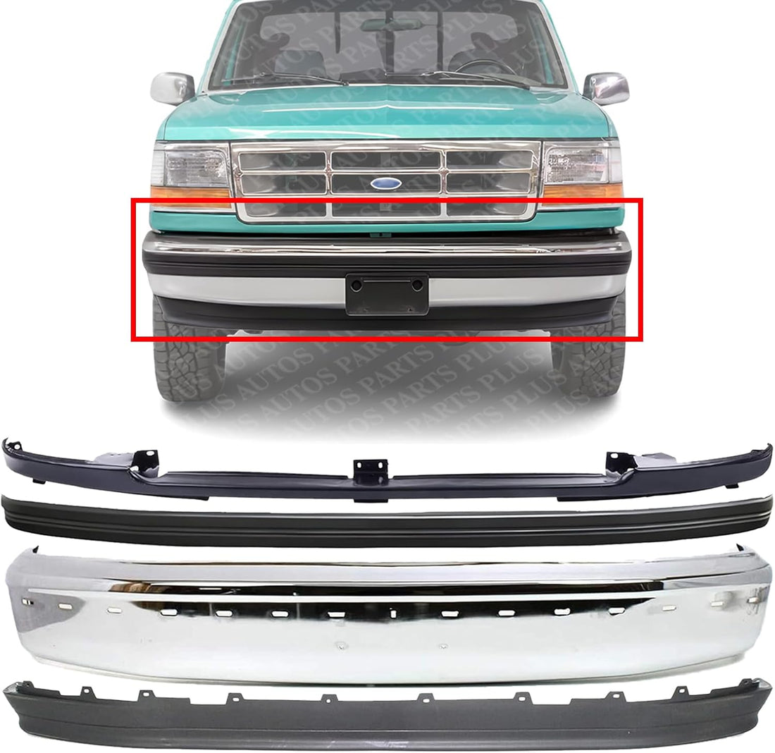 Front Bumper Chrome Steel + Molding + Filler + Lower Valance Textured Direct Replacement Compatible With 1992-1996 Ford F-Series/Bronco FO1002237 FO1057220 FO1095154 FO1087122