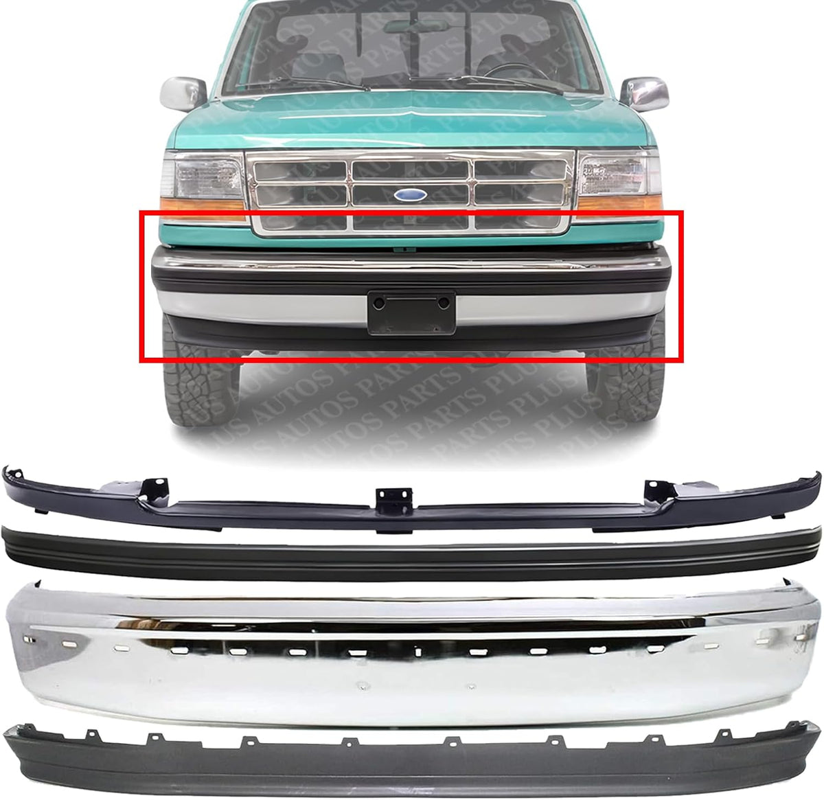Front Bumper Chrome Steel + Molding + Filler + Lower Valance Textured Direct Replacement Compatible With 1992-1996 Ford F-Series/Bronco FO1002237 FO1057220 FO1095154 FO1087122