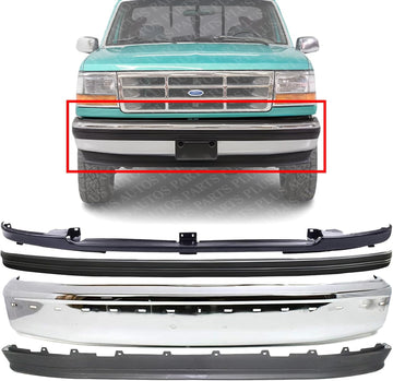 Front Bumper Chrome Steel + Molding + Filler + Lower Valance Textured Direct Replacement Compatible With 1992-1996 Ford F-Series/Bronco FO1002237 FO1057220 FO1095154 FO1087122