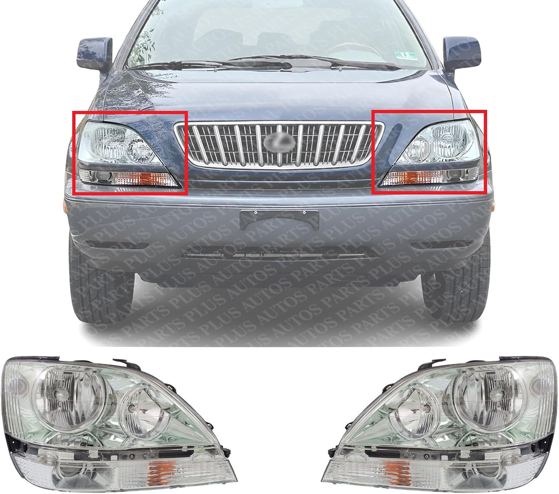 Set Of 2 Front Headlight Assembly Chrome Interior Right Passenger & Left Driver Side Direct Replacement Compatible With 2001-2003 Lexus RX300 LX2502104 LX2503104 8115048080 8111048080