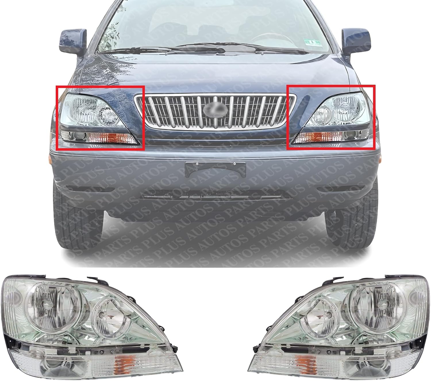 Set Of 2 Front Headlight Assembly Chrome Interior Right Passenger & Left Driver Side Direct Replacement Compatible With 2001-2003 Lexus RX300 LX2502104 LX2503104 8115048080 8111048080