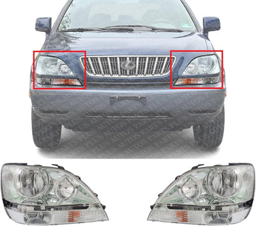 Set Of 2 Front Headlight Assembly Chrome Interior Right Passenger & Left Driver Side Direct Replacement Compatible With 2001-2003 Lexus RX300 LX2502104 LX2503104 8115048080 8111048080