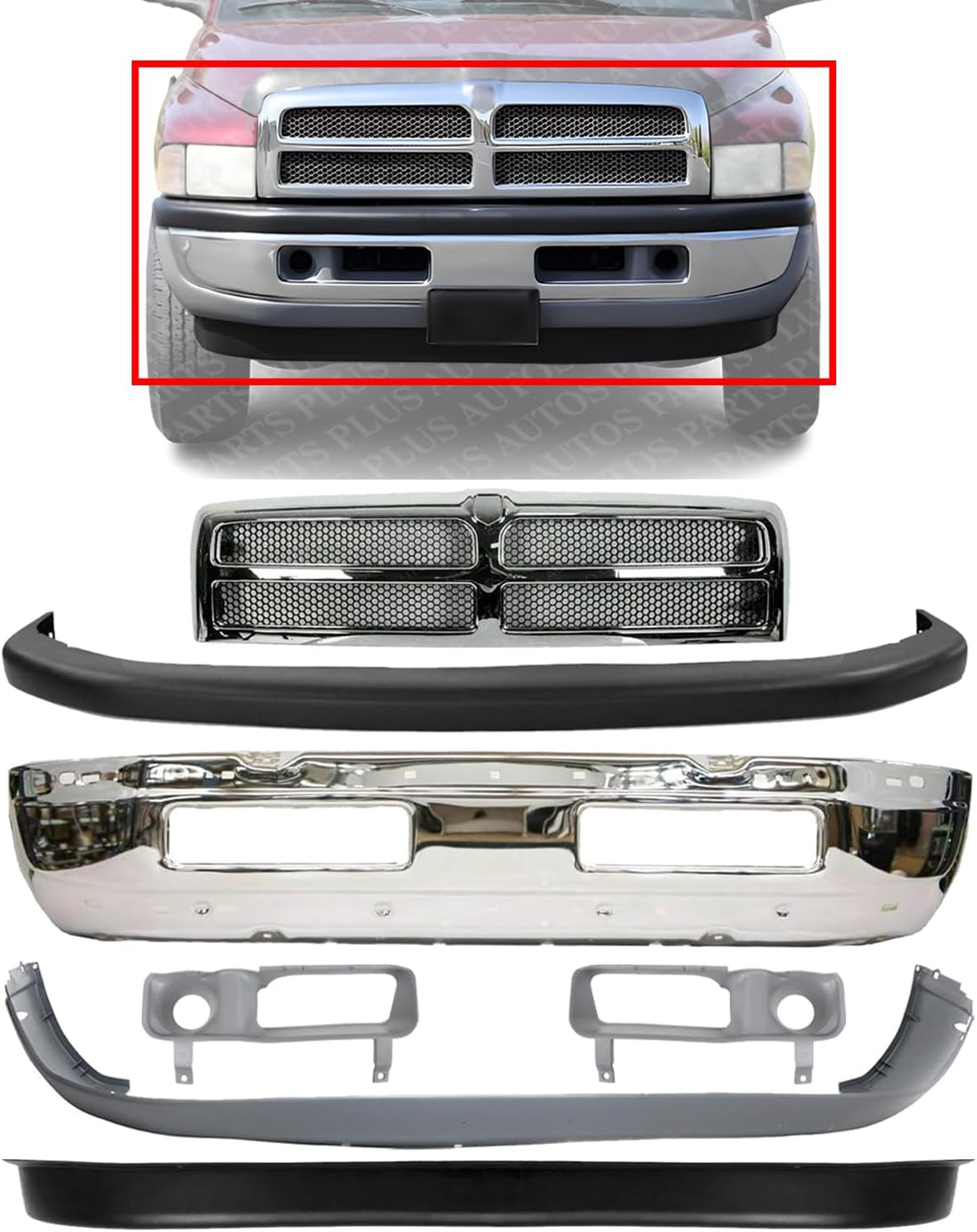 Front Bumper + Grille Chrome Shell + Upper & Lower Cover + Valance Textured + Fog Lamp Moldings Left & Right Side Direct Replacement For 1994-2002 Dodge Ram 1500 2500 3500 CH1002256