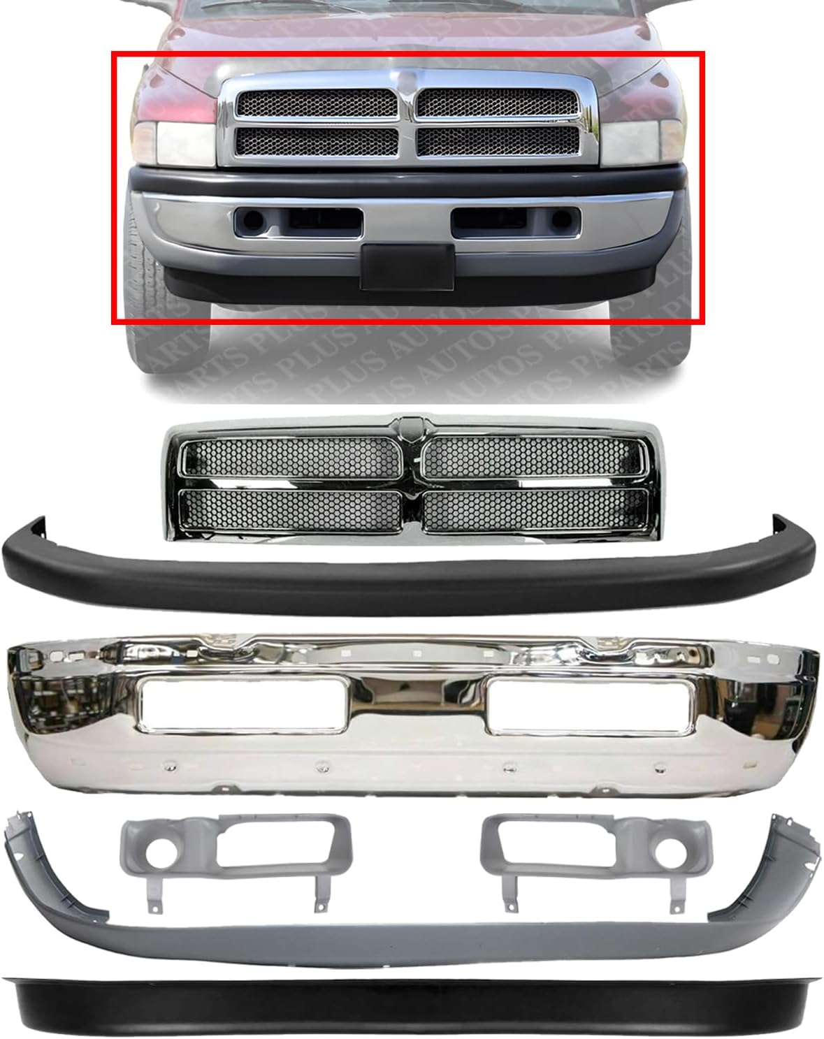 Front Bumper + Grille Chrome Shell + Upper & Lower Cover + Valance Textured + Fog Lamp Moldings Left & Right Side Direct Replacement For 1994-2002 Dodge Ram 1500 2500 3500 CH1002256