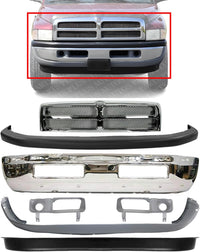 Front Bumper + Grille Chrome Shell + Upper & Lower Cover + Valance Textured + Fog Lamp Moldings Left & Right Side Direct Replacement For 1994-2002 Dodge Ram 1500 2500 3500 CH1002256