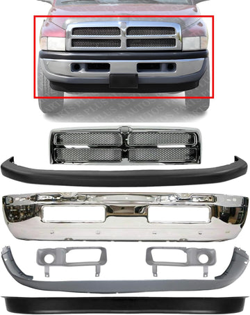 Front Bumper + Grille Chrome Shell + Upper & Lower Cover + Valance Textured + Fog Lamp Moldings Left & Right Side Direct Replacement For 1994-2002 Dodge Ram 1500 2500 3500 CH1002256
