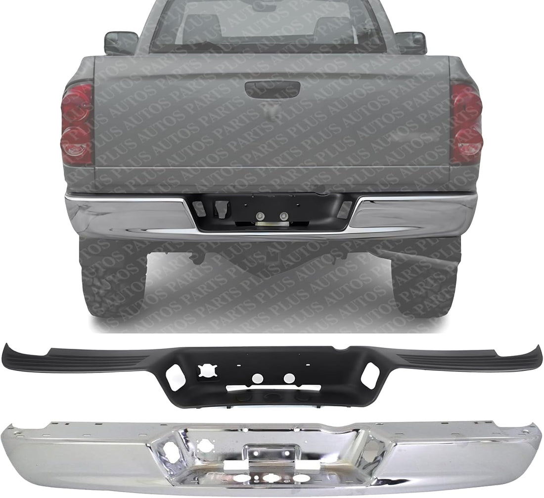 Rear Step Bumper Face Bar Chrome Steel & Pad Plastic Direct Replacement Compatible With 2002-2008 Dodge Ram 1500/2003-2009 2500 3500 CH1102371 CH1191110 68004420AB 55077340AD