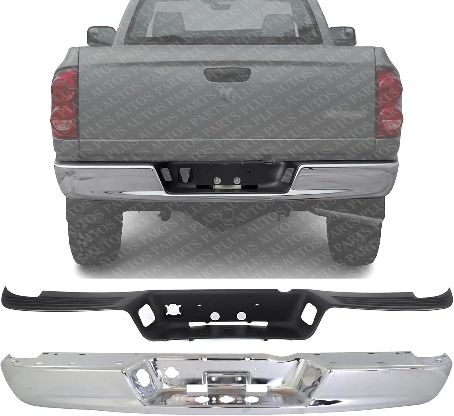 Rear Step Bumper Face Bar Chrome Steel & Pad Plastic Direct Replacement Compatible With 2002-2008 Dodge Ram 1500/2003-2009 2500 3500 CH1102371 CH1191110 68004420AB 55077340AD