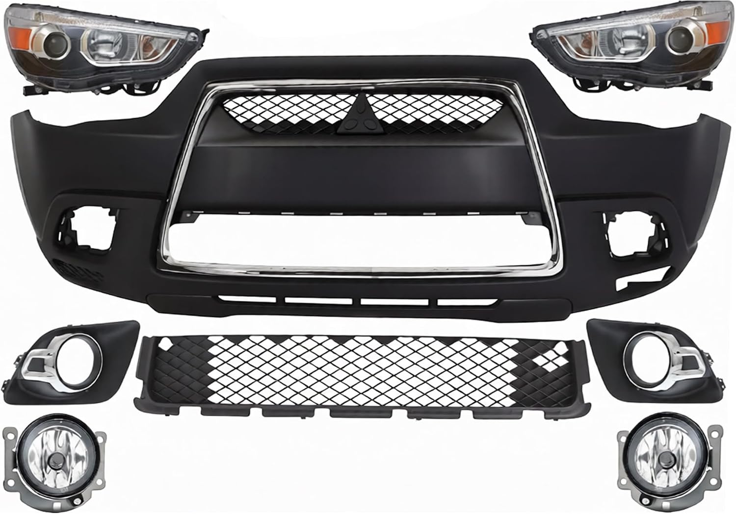 Front Bumper Cover Primed + Upper & Lower Grille + Chrome Molding + Headlight + Fog Light + Trim Left & Right Side Direct Replacement Compatible With 2011-2012 Mitsubishi Outlander