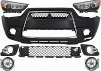 Front Bumper Cover Primed + Upper & Lower Grille + Chrome Molding + Headlight + Fog Light + Trim Left & Right Side Direct Replacement Compatible With 2011-2012 Mitsubishi Outlander