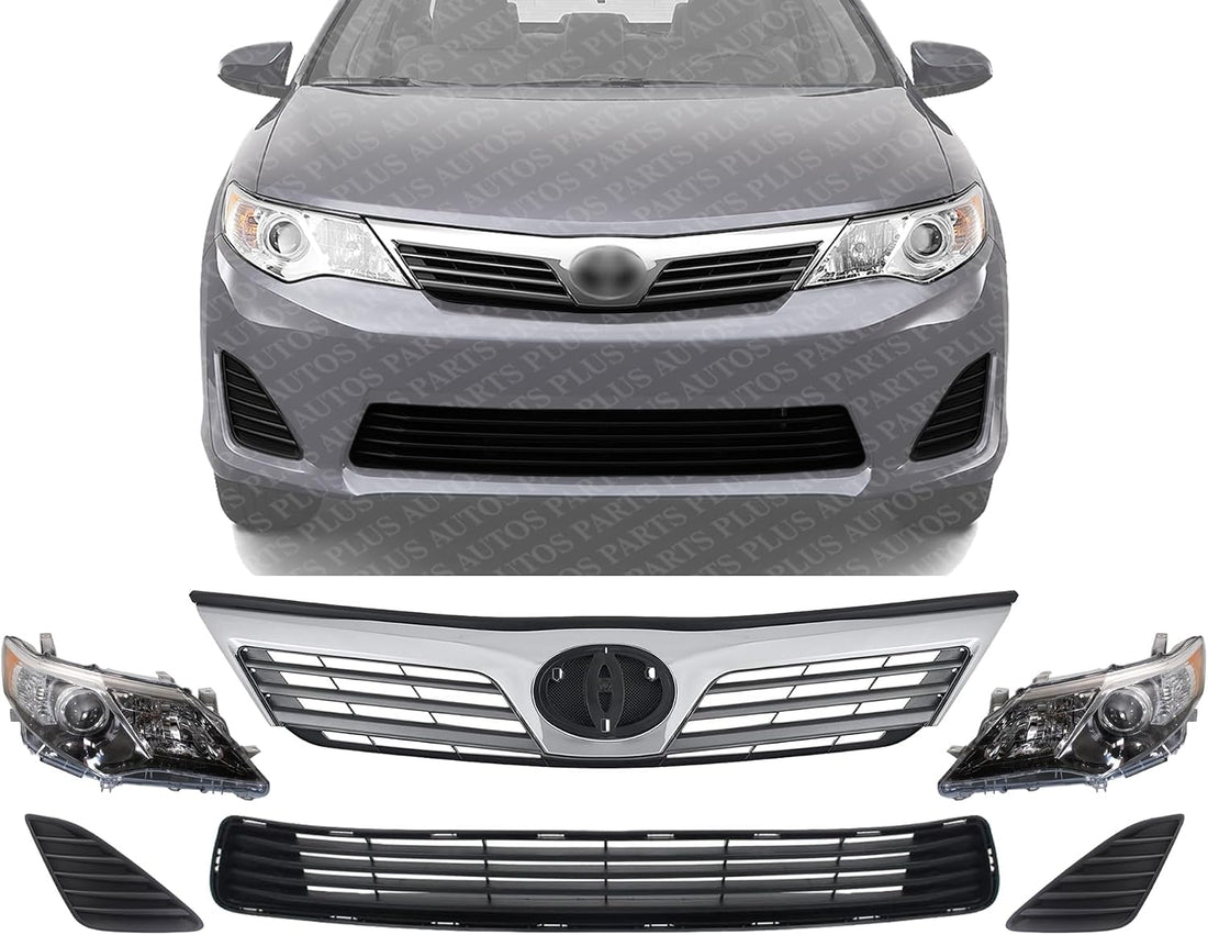 Front Upper & Lower Grille + Headlights + Fog Light Covers Primed Left Driver & Right Passenger Side Direct Replacement Compatible With 2012-2014 Toyota Camry TO1200344 TO1036128
