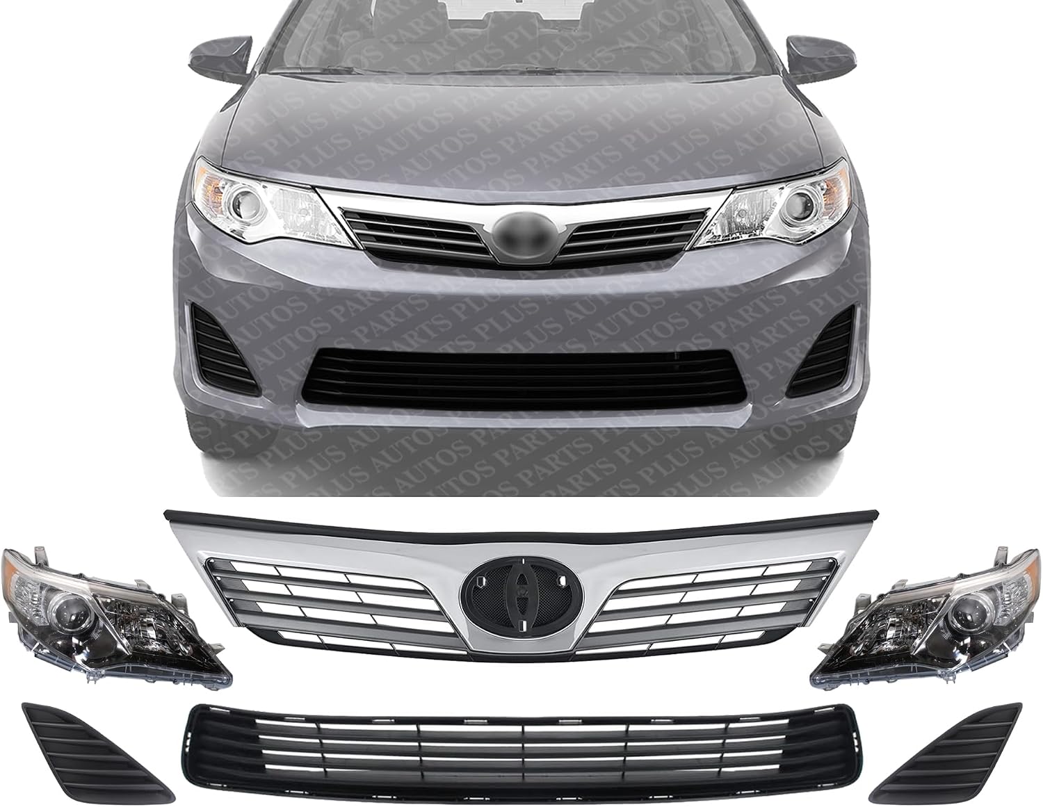 Front Upper & Lower Grille + Headlights + Fog Light Covers Primed Left Driver & Right Passenger Side Direct Replacement Compatible With 2012-2014 Toyota Camry TO1200344 TO1036128